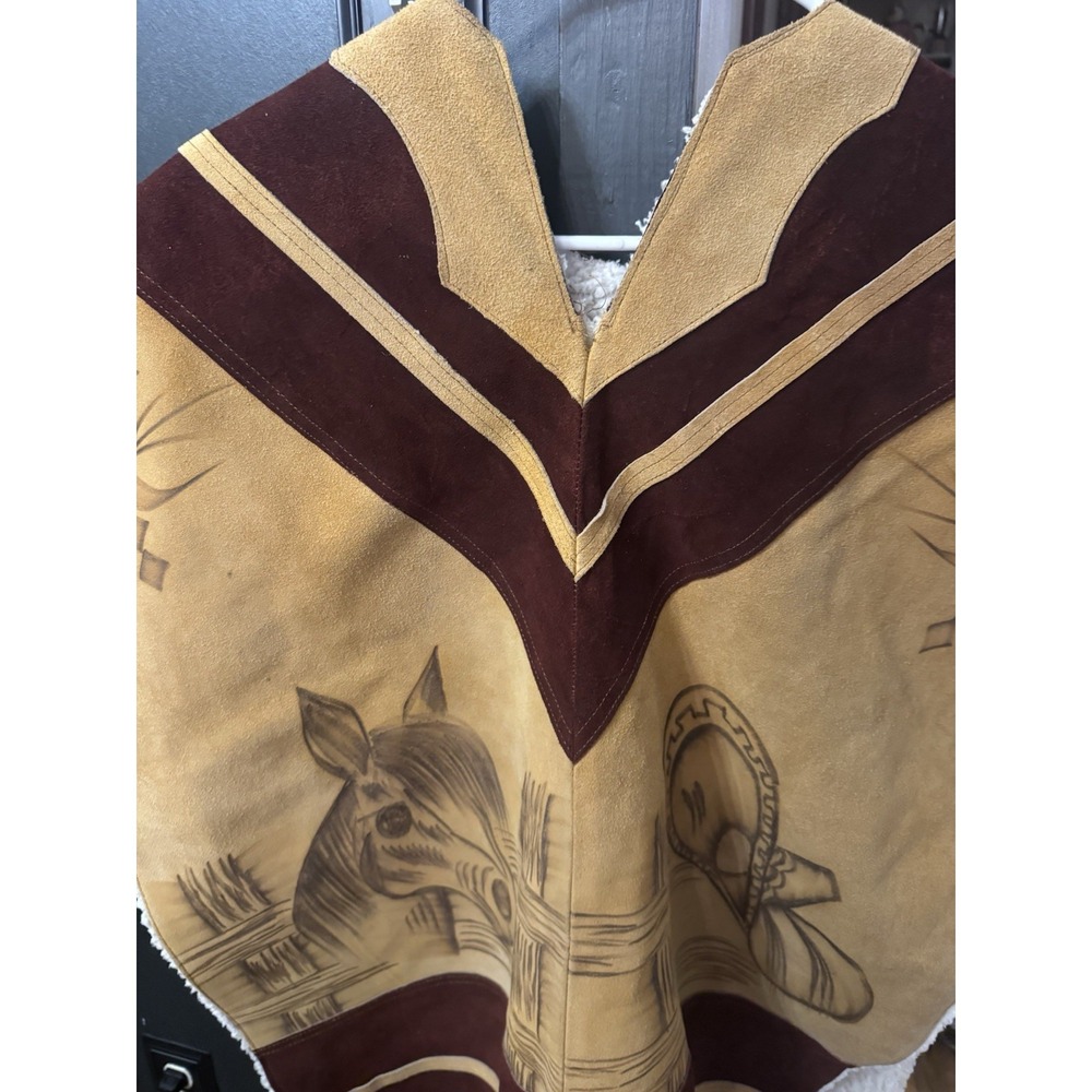 Vtg Western Cowboy Cowgirl Suede Poncho Serape Cape Rodeo Horses Fringe Mexico - Picture 12 of 12
